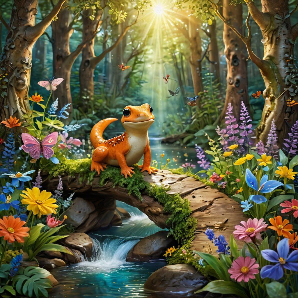 A whimsical scene featuring Sally the Salamander joyfully navigating through a lush, vibrant forest filled with colorful flowers and sparkling streams. She is surrounded by cheerful woodland creatures, like playful rabbits and singing birds, all engaging in a joyful celebration of nature. The sun beams down, casting a warm glow, enhancing the sense of happiness and adventure. This magical moment captures the essence of embracing life's journey. vibrant colors. whimsical style.