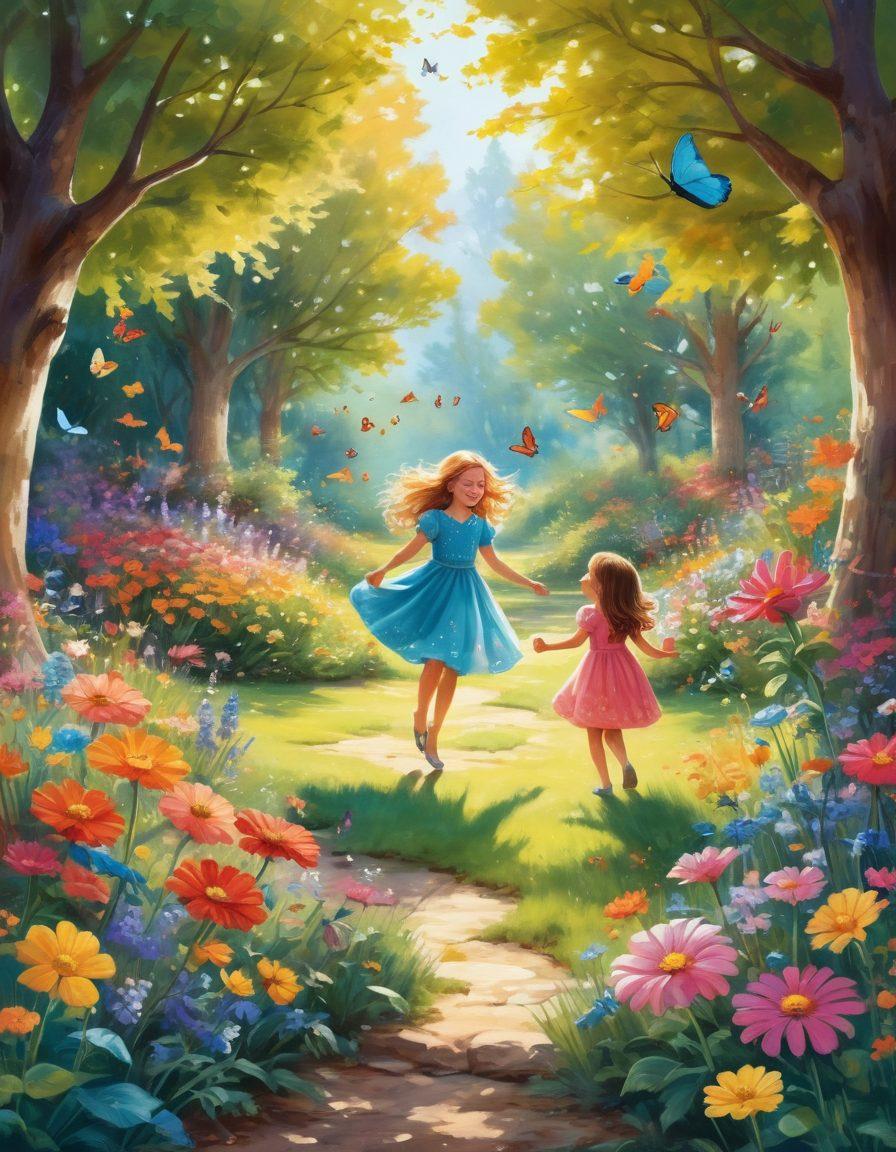 A whimsical and colorful illustration of a vibrant garden filled with joyful children playing and laughing, surrounded by cheerful flowers, butterflies, and playful animals. In the center, a radiant figure reminiscent of Sally dances joyfully, casting a magical aura of delight. Sunlight filters through the trees, creating a warm, inviting atmosphere. The scene should evoke a sense of happiness and freedom. vibrant colors. playful art style.