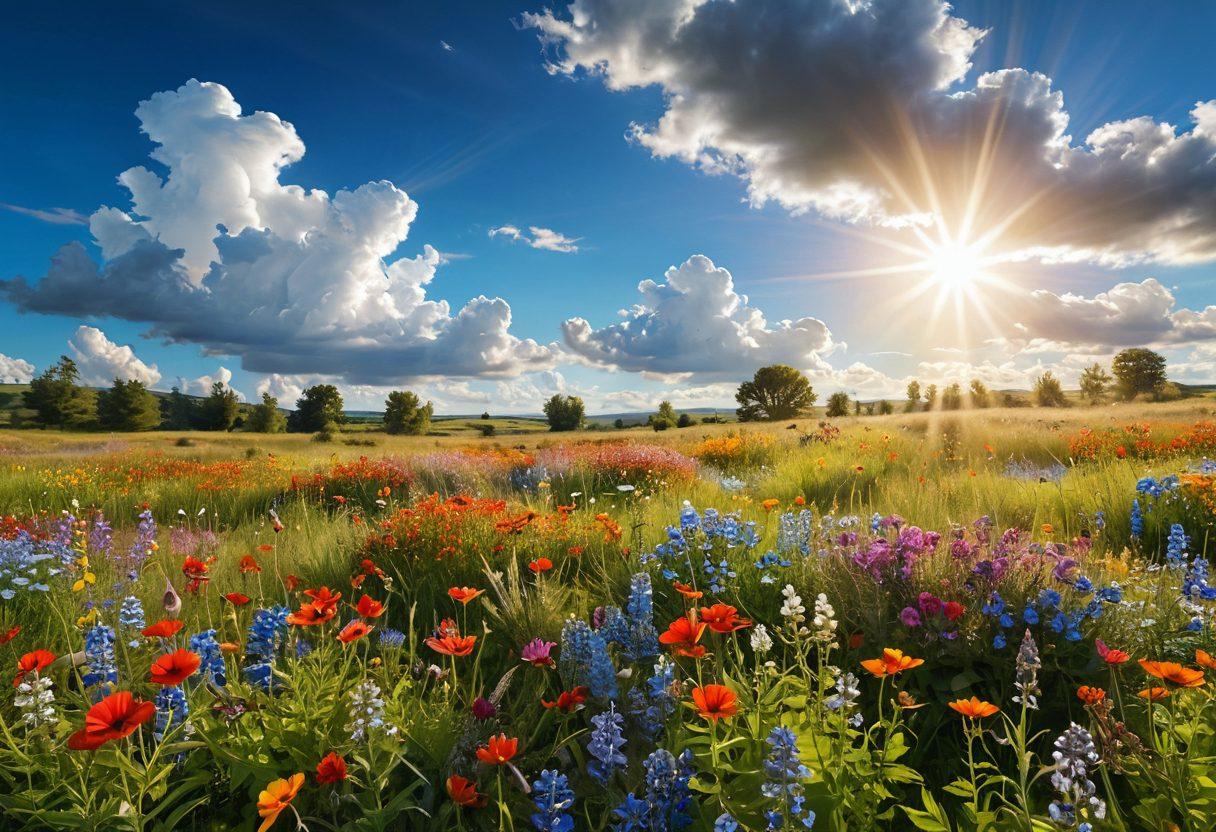 A sunlit meadow filled with vibrant wildflowers, where joyful people of diverse backgrounds are laughing and dancing freely. In the background, a bright blue sky with fluffy white clouds enhances the feeling of bliss. Soft rays of sunlight falling on the scene, creating an atmosphere of optimism and ecstasy. super-realistic. vibrant colors. 3D.